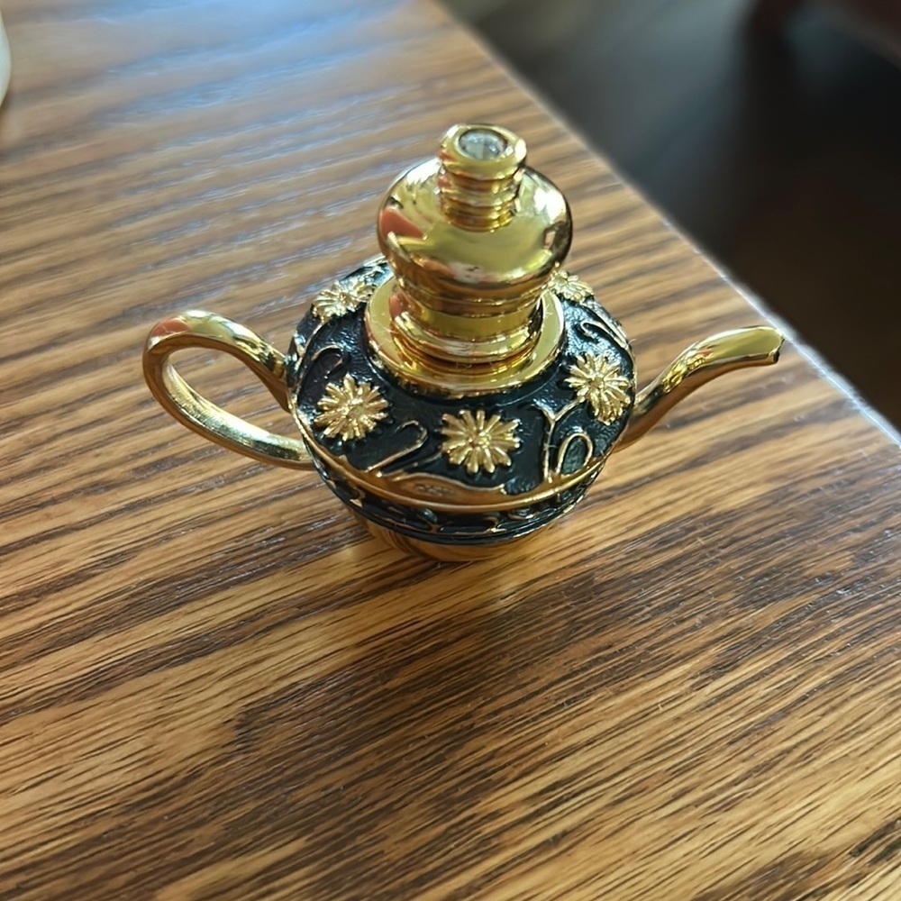 Perfume bottle with glass wand heavy gold-tone with navy blue enamel flower gems - Picture 2 of 10
